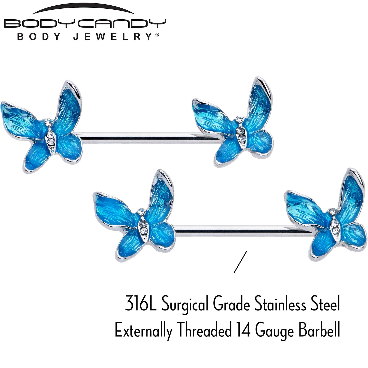 14G 9/16 Clear Gem Chunky Butterfly Blue Barbell Nipple Ring Set