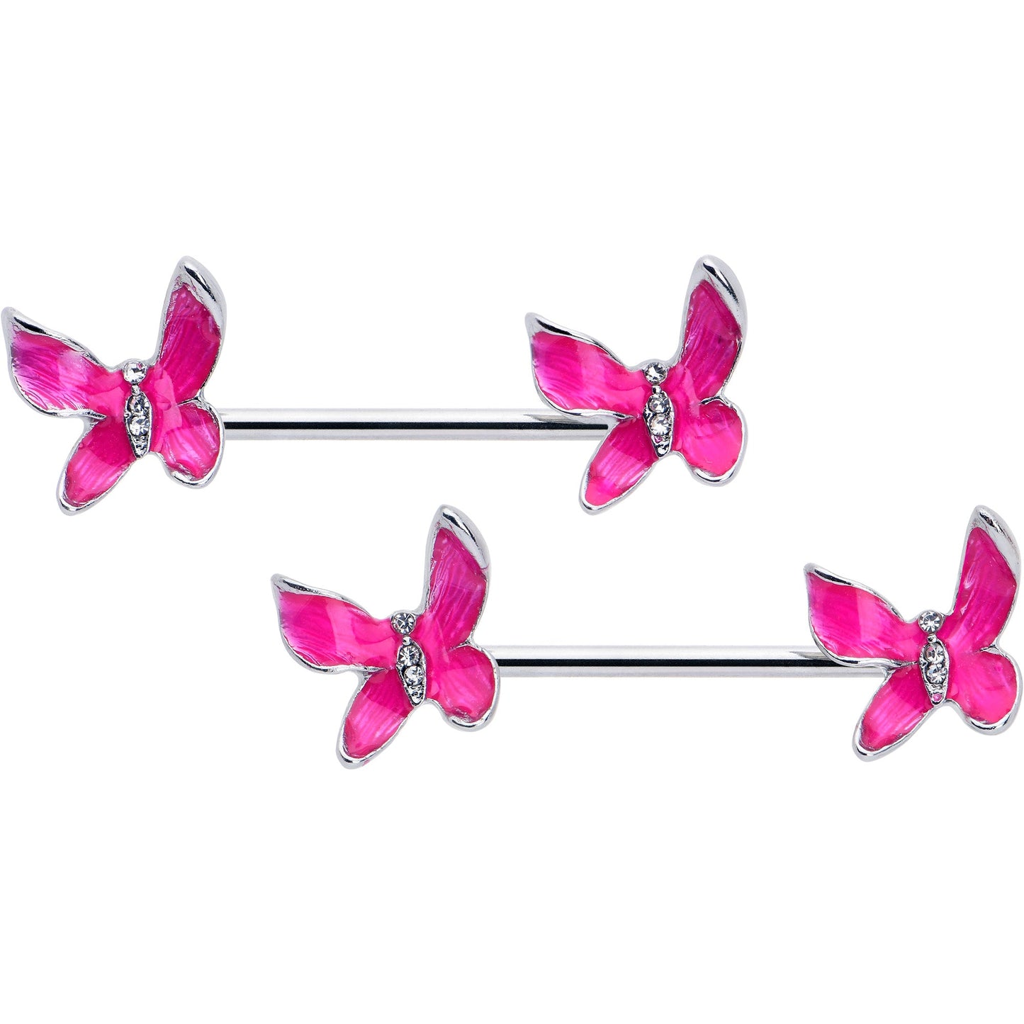 14G 9/16 Clear Gem Chunky Butterfly Pink Barbell Nipple Ring Set