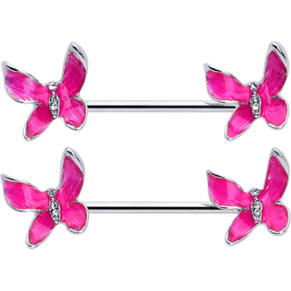 14G 9/16 Clear Gem Chunky Butterfly Pink Barbell Nipple Ring Set