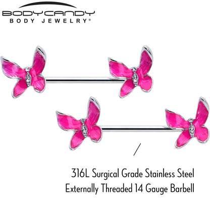 14G 9/16 Clear Gem Chunky Butterfly Pink Barbell Nipple Ring Set
