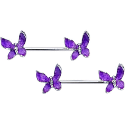 14G 9/16 Clear Gem Chunky Butterfly Purple Barbell Nipple Ring Set
