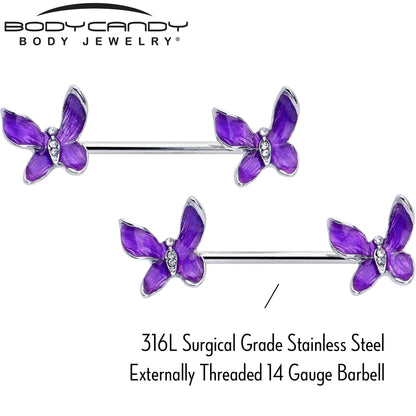 14G 9/16 Clear Gem Chunky Butterfly Purple Barbell Nipple Ring Set