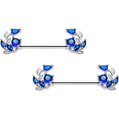 14G 9/16 Blue Gem Twining Vine Barbell Nipple Ring Set