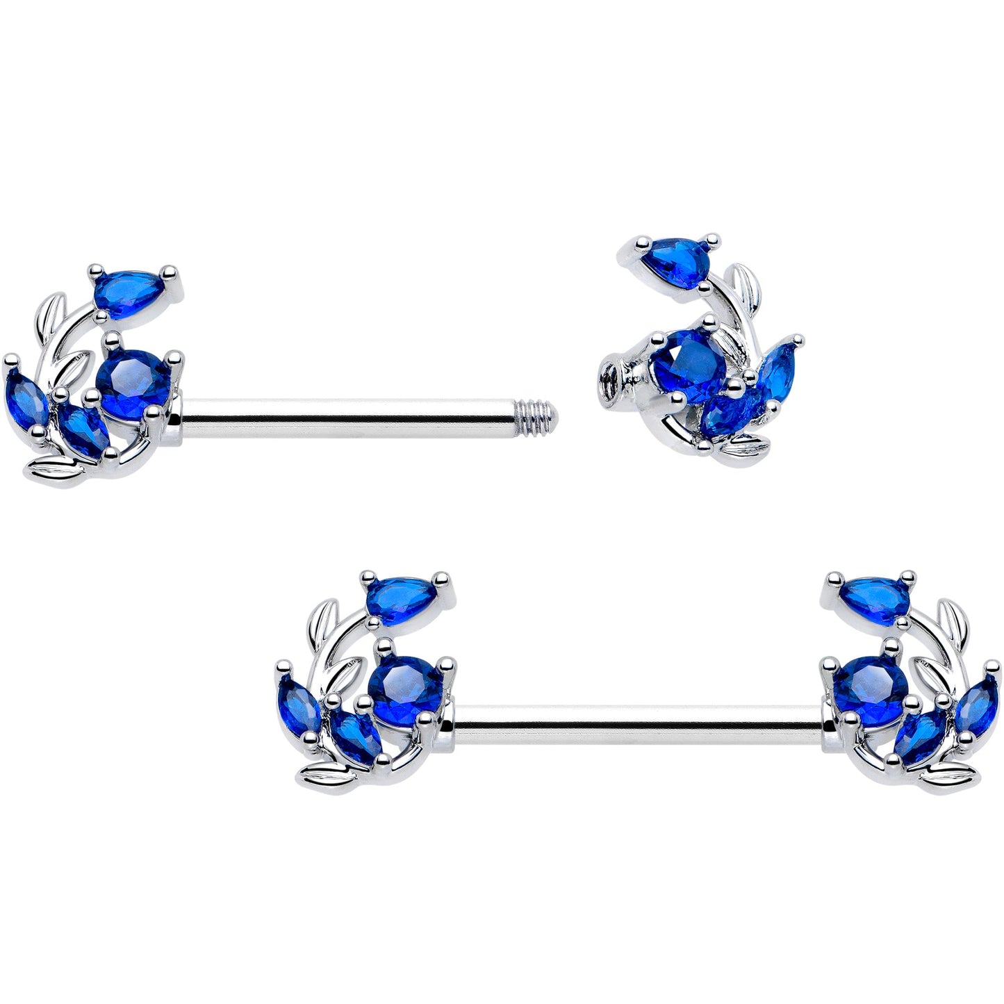 14G 9/16 Blue Gem Twining Vine Barbell Nipple Ring Set