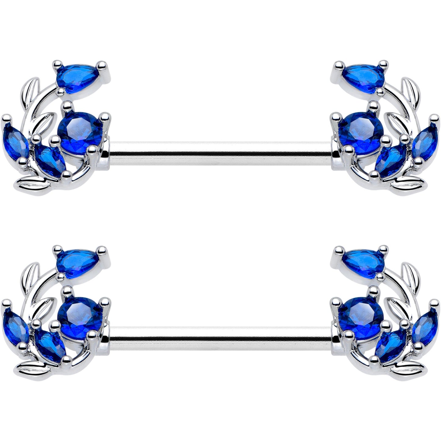 14G 9/16 Blue Gem Twining Vine Barbell Nipple Ring Set