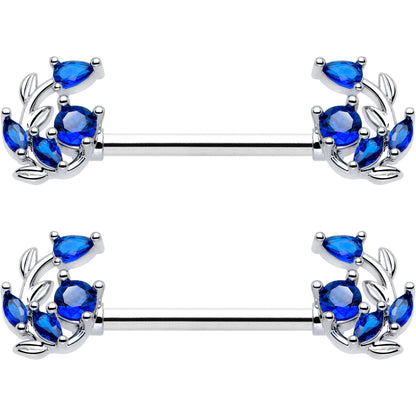 14G 9/16 Blue Gem Twining Vine Barbell Nipple Ring Set