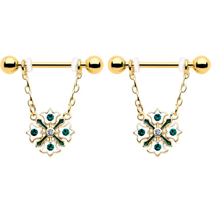 14G 9/16 Green Gem Gold Tone Flower Wreath Dangle Nipple Ring Set