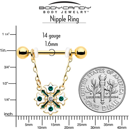 14G 9/16 Green Gem Gold Tone Flower Wreath Dangle Nipple Ring Set