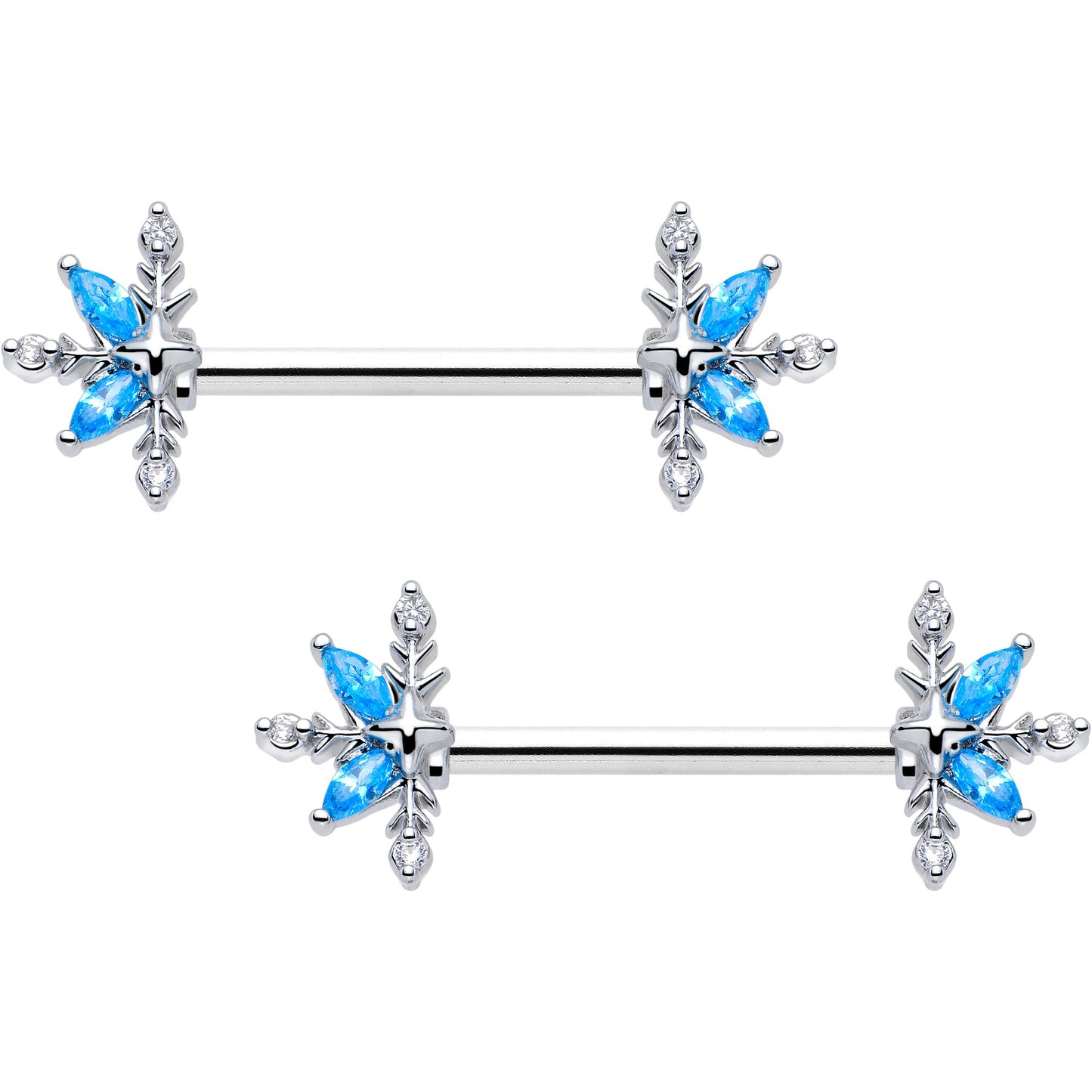 14G 9/16 Blue CZ Gem Classic Flower Barbell Nipple Ring Set