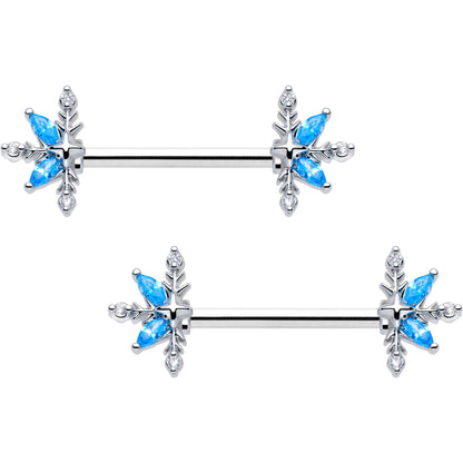 14G 9/16 Blue CZ Gem Classic Flower Barbell Nipple Ring Set