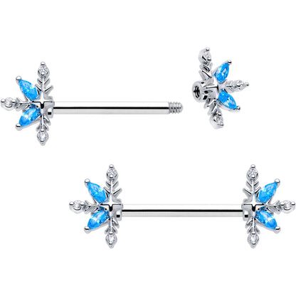 14G 9/16 Blue CZ Gem Classic Flower Barbell Nipple Ring Set