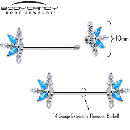 14G 9/16 Blue CZ Gem Classic Flower Barbell Nipple Ring Set