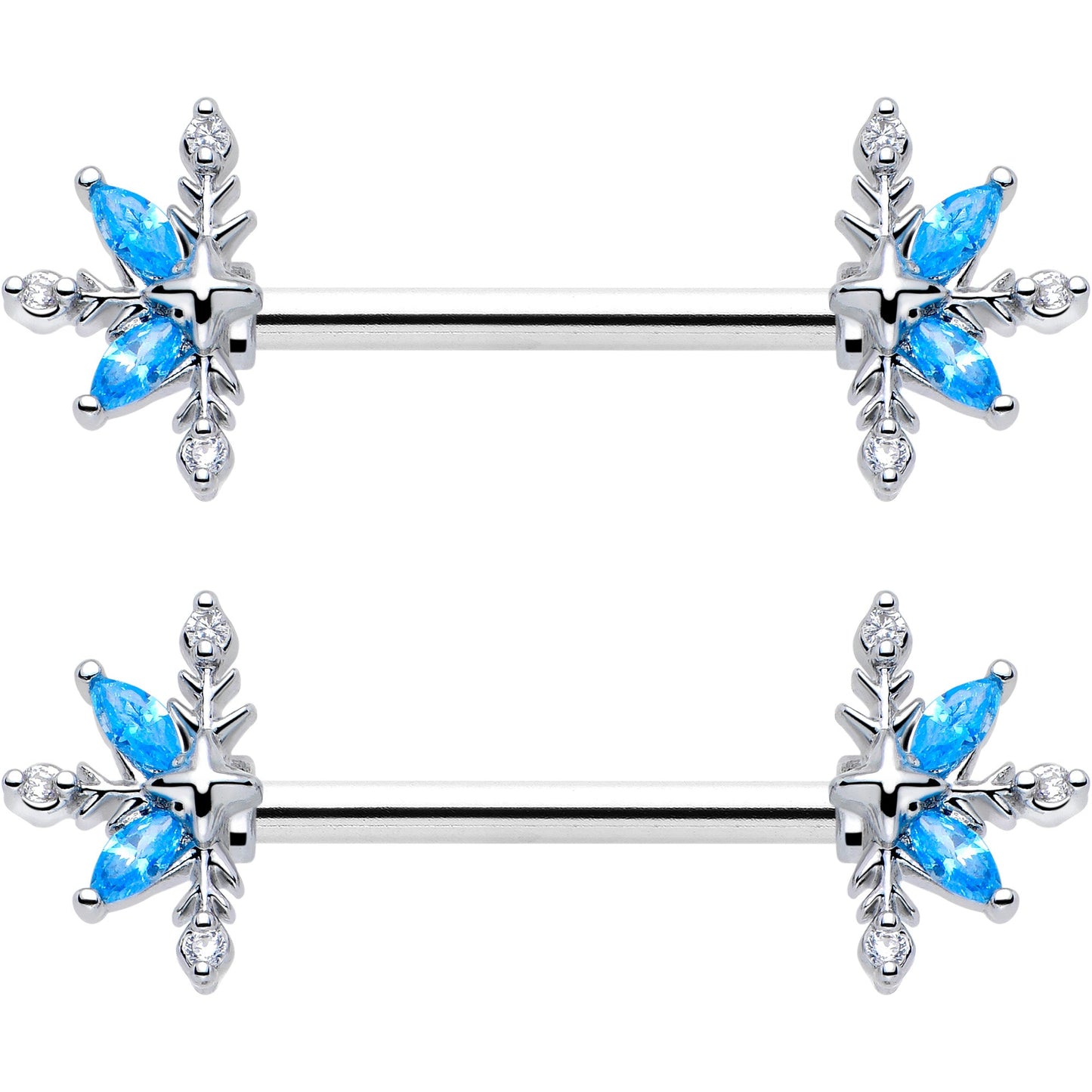 14G 9/16 Blue CZ Gem Classic Flower Barbell Nipple Ring Set