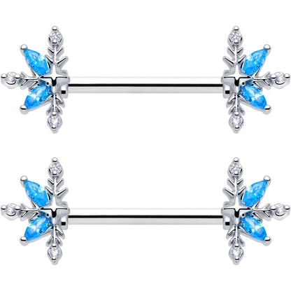 14G 9/16 Blue CZ Gem Classic Flower Barbell Nipple Ring Set