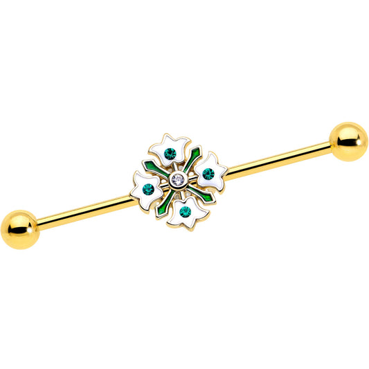 14G Green Gem Gold Tone Flower Wreath Industrial Barbell 38mm