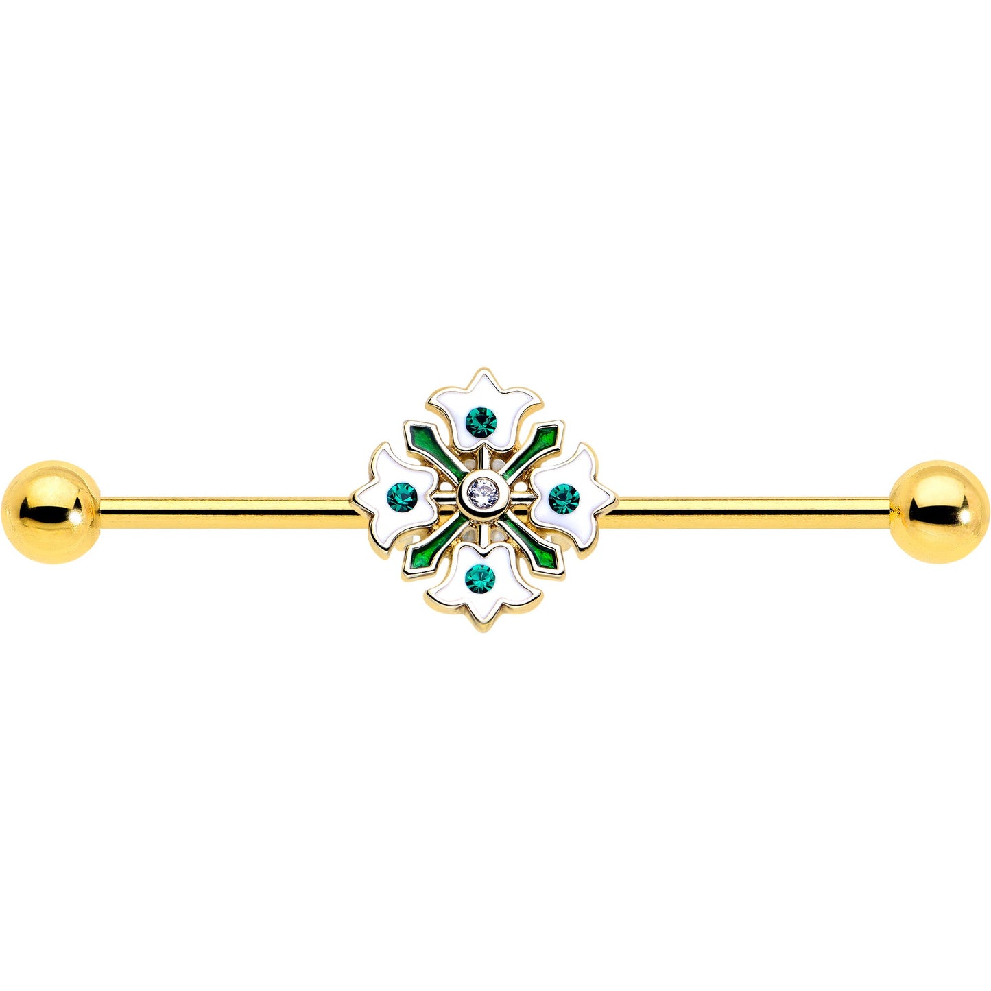 14G Green Gem Gold Tone Flower Wreath Industrial Barbell 38mm