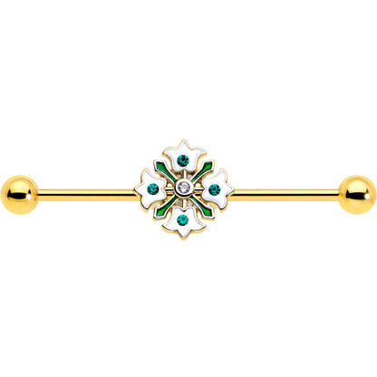 14G Green Gem Gold Tone Flower Wreath Industrial Barbell 38mm