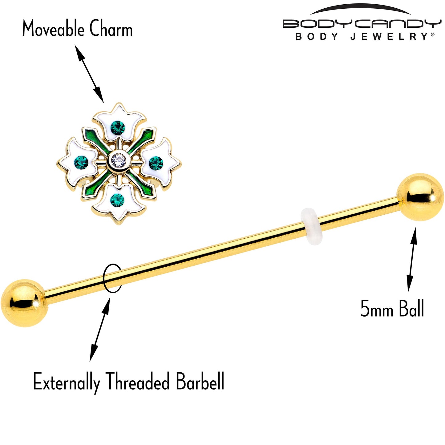 14G Green Gem Gold Tone Flower Wreath Industrial Barbell 38mm