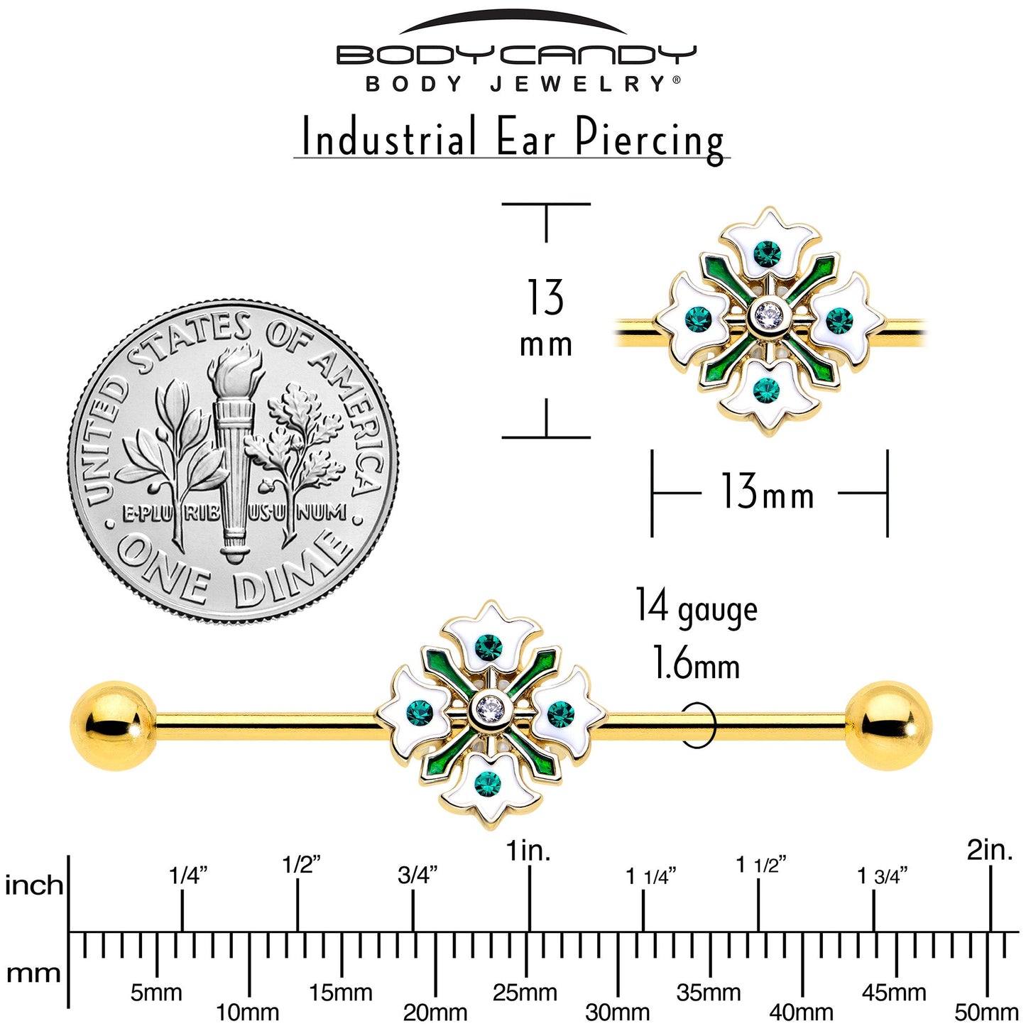 14G Green Gem Gold Tone Flower Wreath Industrial Barbell 38mm