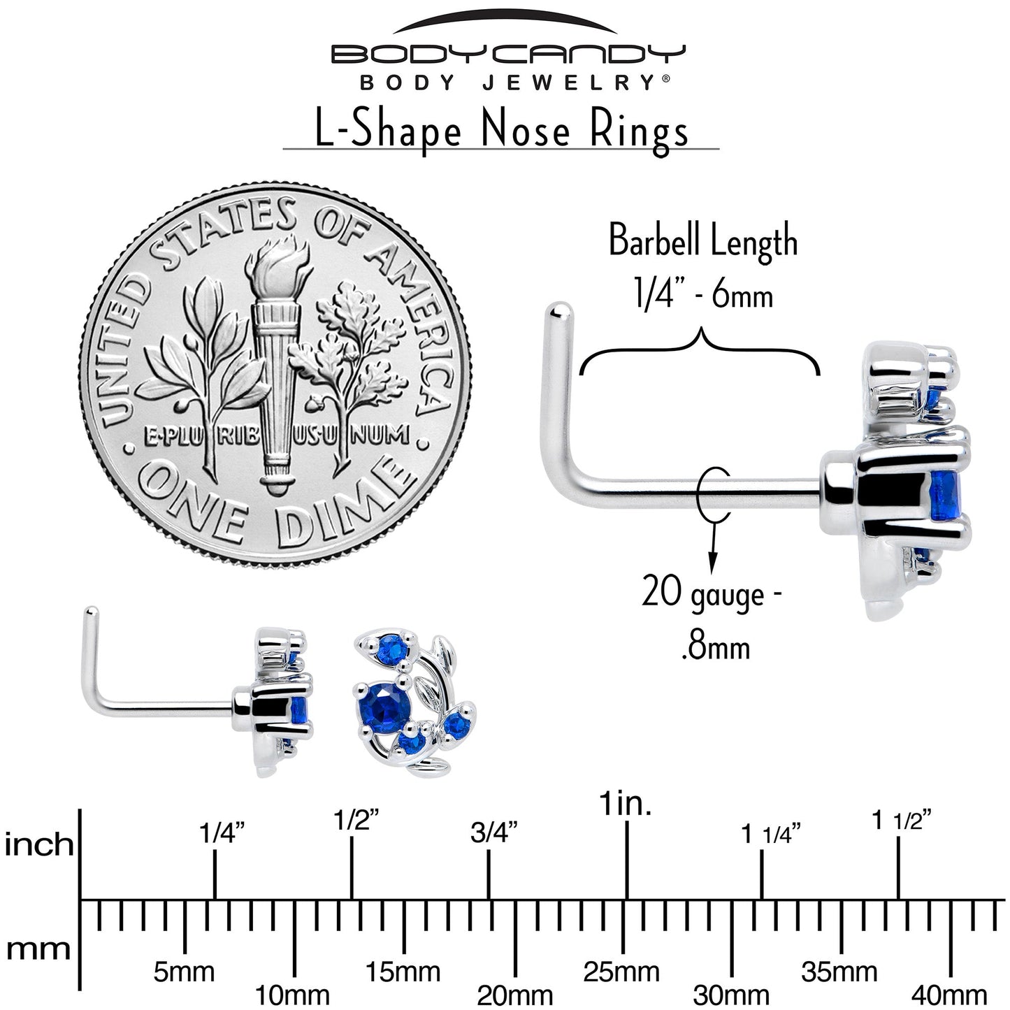 20G 7mm Blue Gem Twining Vine L Shape Nose Ring