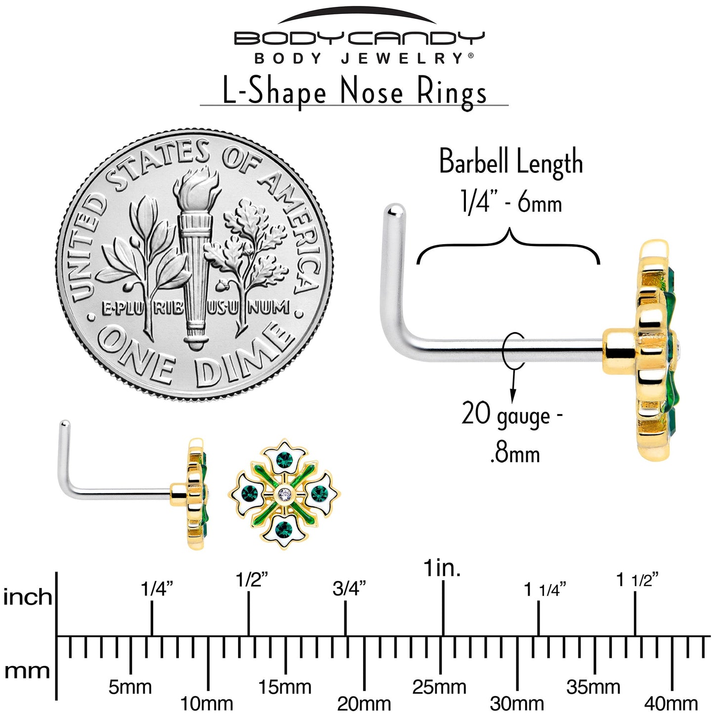 20G 7mm Green Gem Flower Wreath L Shape Nose Ring