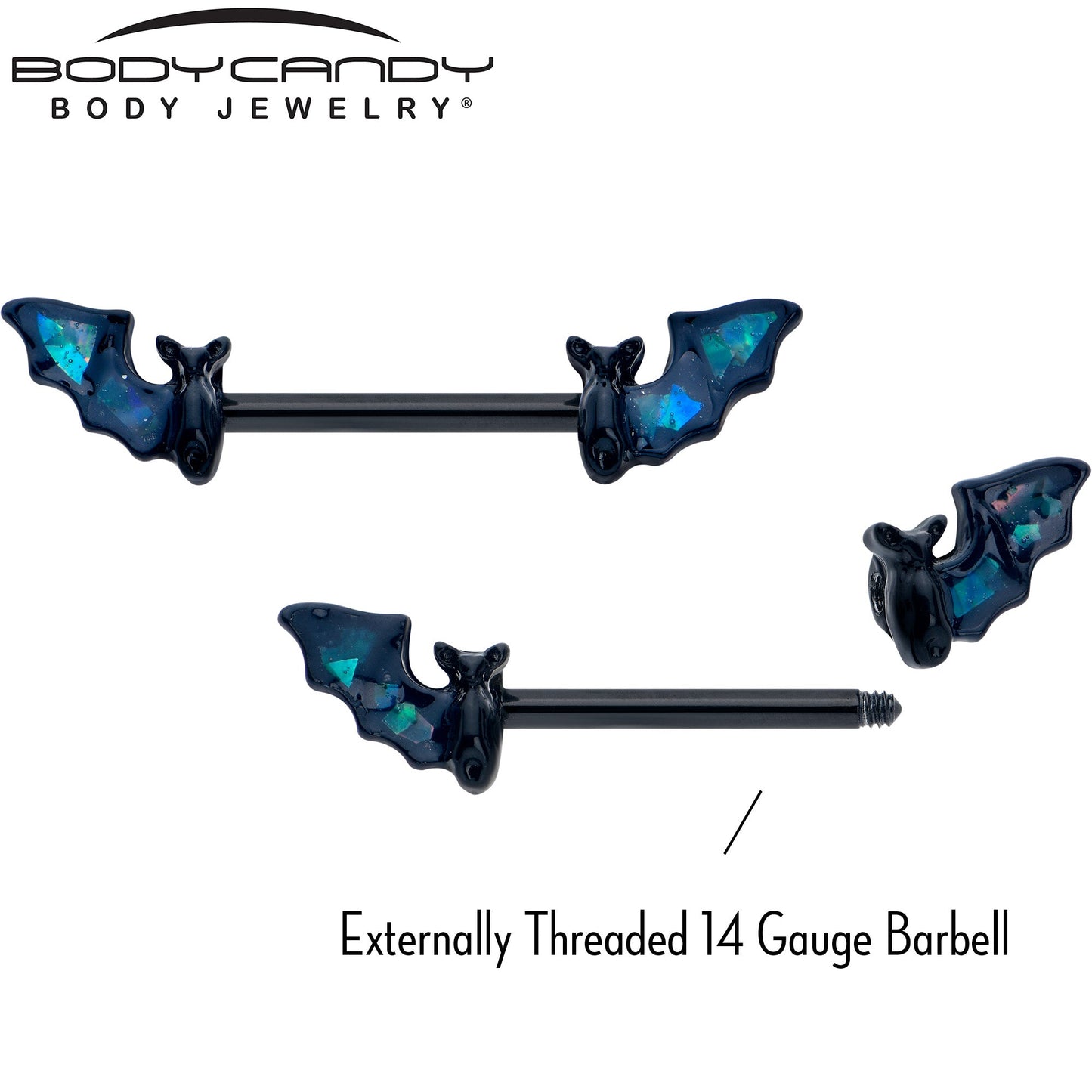 14G 9/16 Black Bats in Blue Barbell Nipple Ring Set