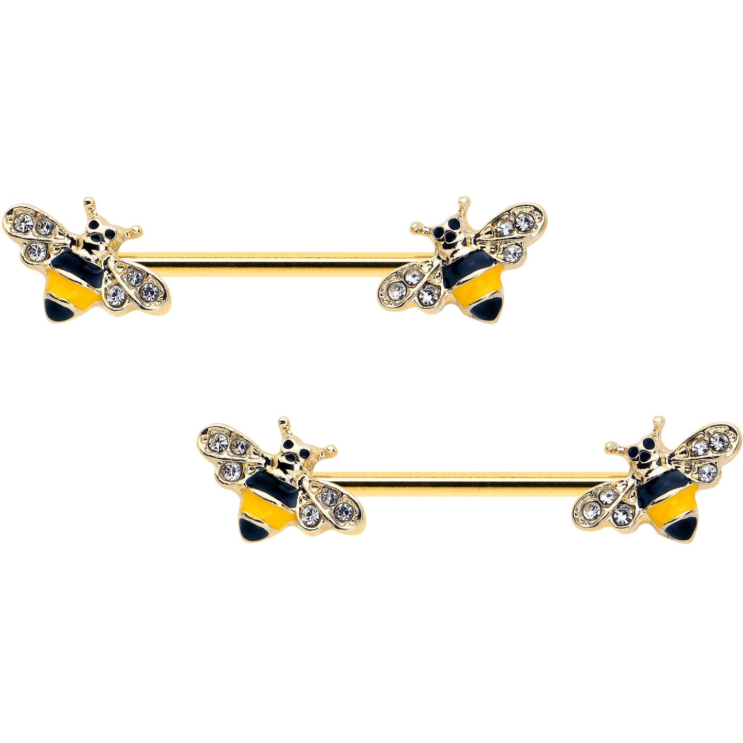 14G 3/4 Clear CZ Gem Gold Tone Bee Luv Barbell Nipple Ring Set