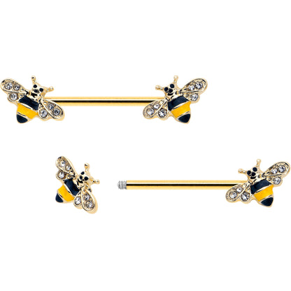 14G 3/4 Clear CZ Gem Gold Tone Bee Luv Barbell Nipple Ring Set