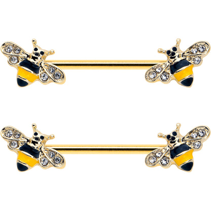 14G 3/4 Clear CZ Gem Gold Tone Bee Luv Barbell Nipple Ring Set
