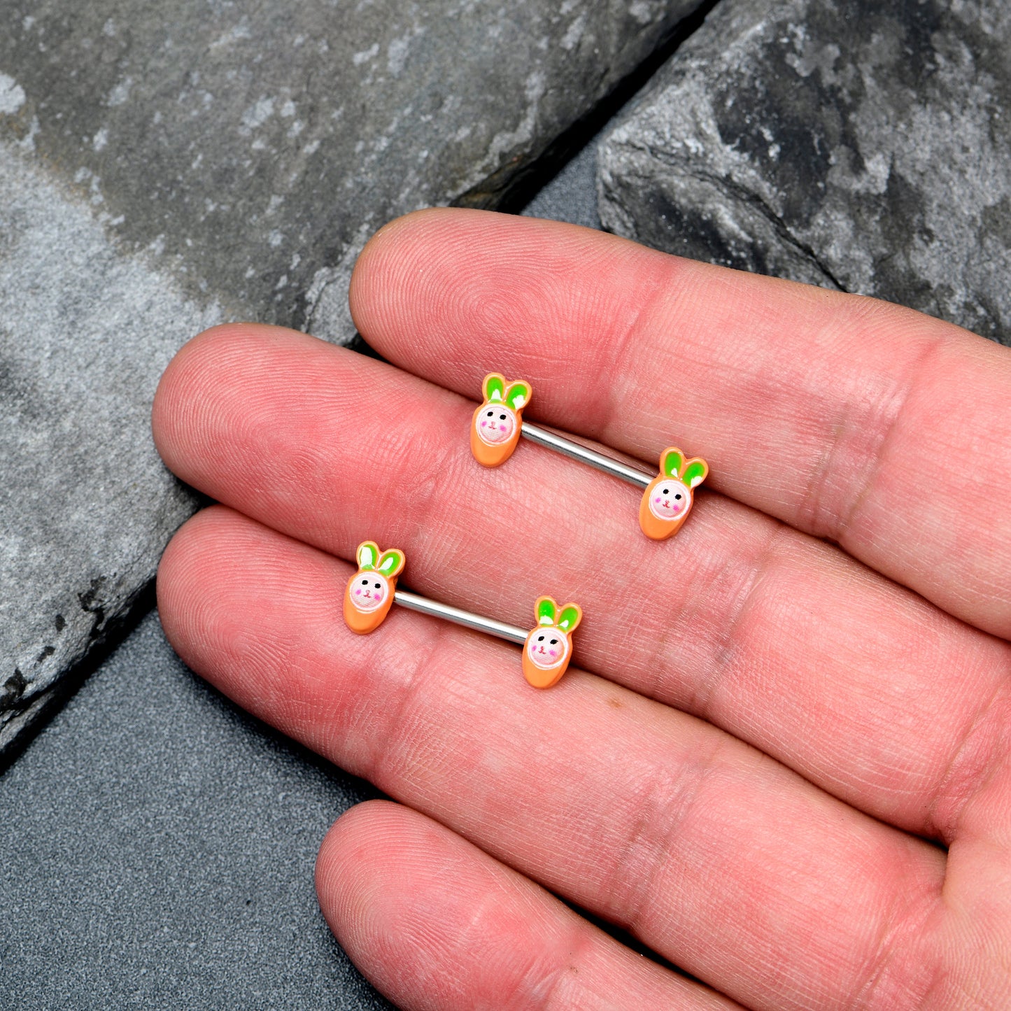 14G 9/16 Surprise Carrot Easter Bunny Barbell Nipple Ring Set