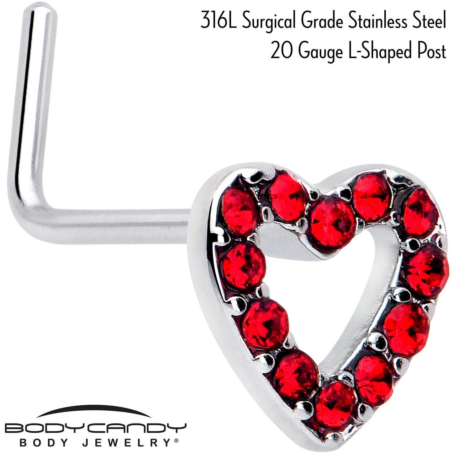 20G 7mm Red Gem Hollow Paved Heart L Shape Nose Ring