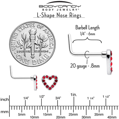 20G 7mm Red Gem Hollow Paved Heart L Shape Nose Ring