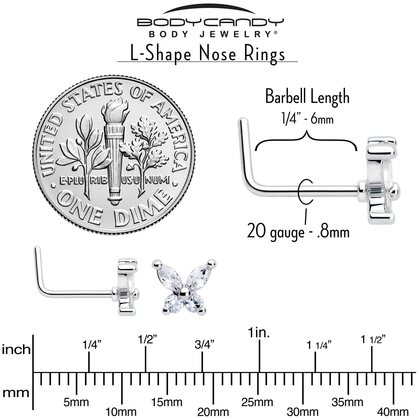 20G 7mm Clear CZ Gem Open Wing Butterfly L Shape Nose Ring