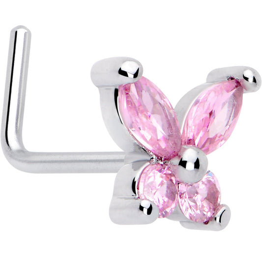 20G 7mm Pink CZ Gem Open Wing Butterfly L Shape Nose Ring
