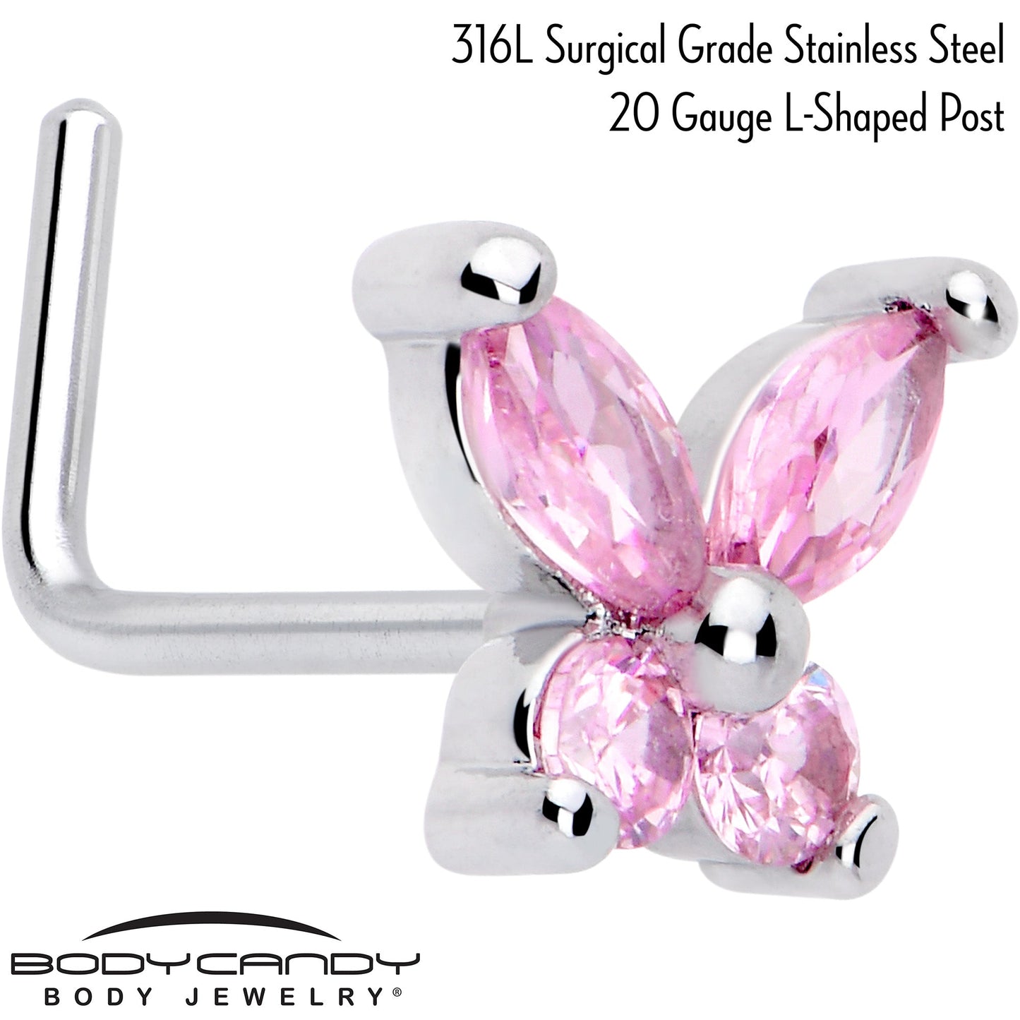 20G 7mm Pink CZ Gem Open Wing Butterfly L Shape Nose Ring