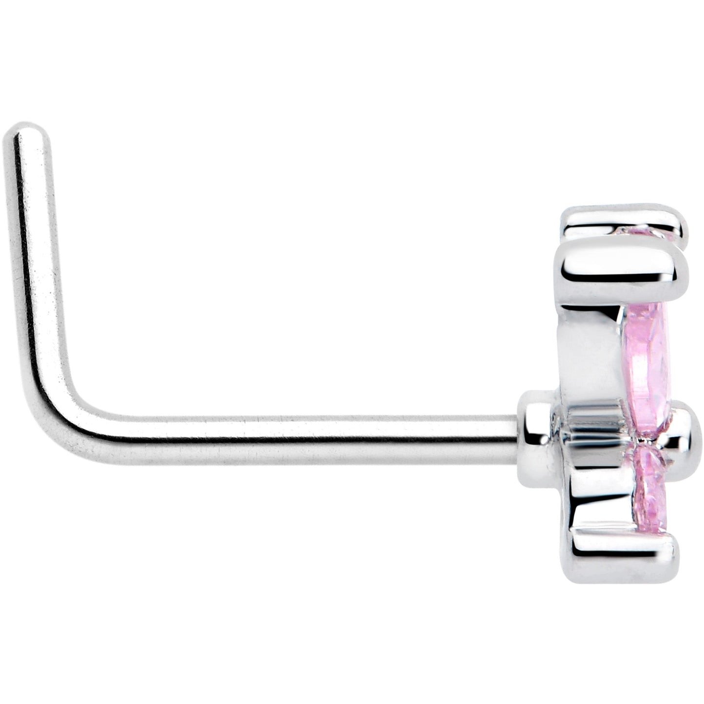 20G 7mm Pink CZ Gem Open Wing Butterfly L Shape Nose Ring
