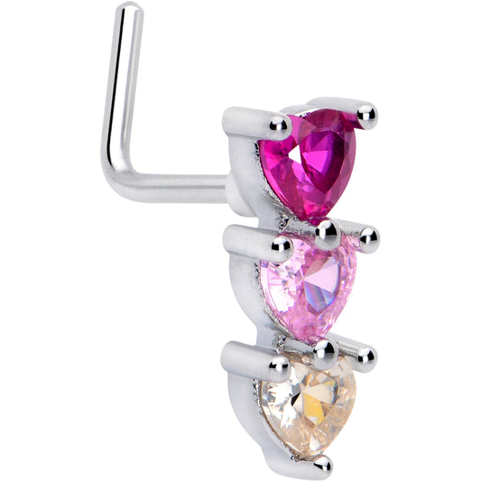 20G 7mm Red Pink CZ Gem Stacked Heart Trio L Shape Nose Ring