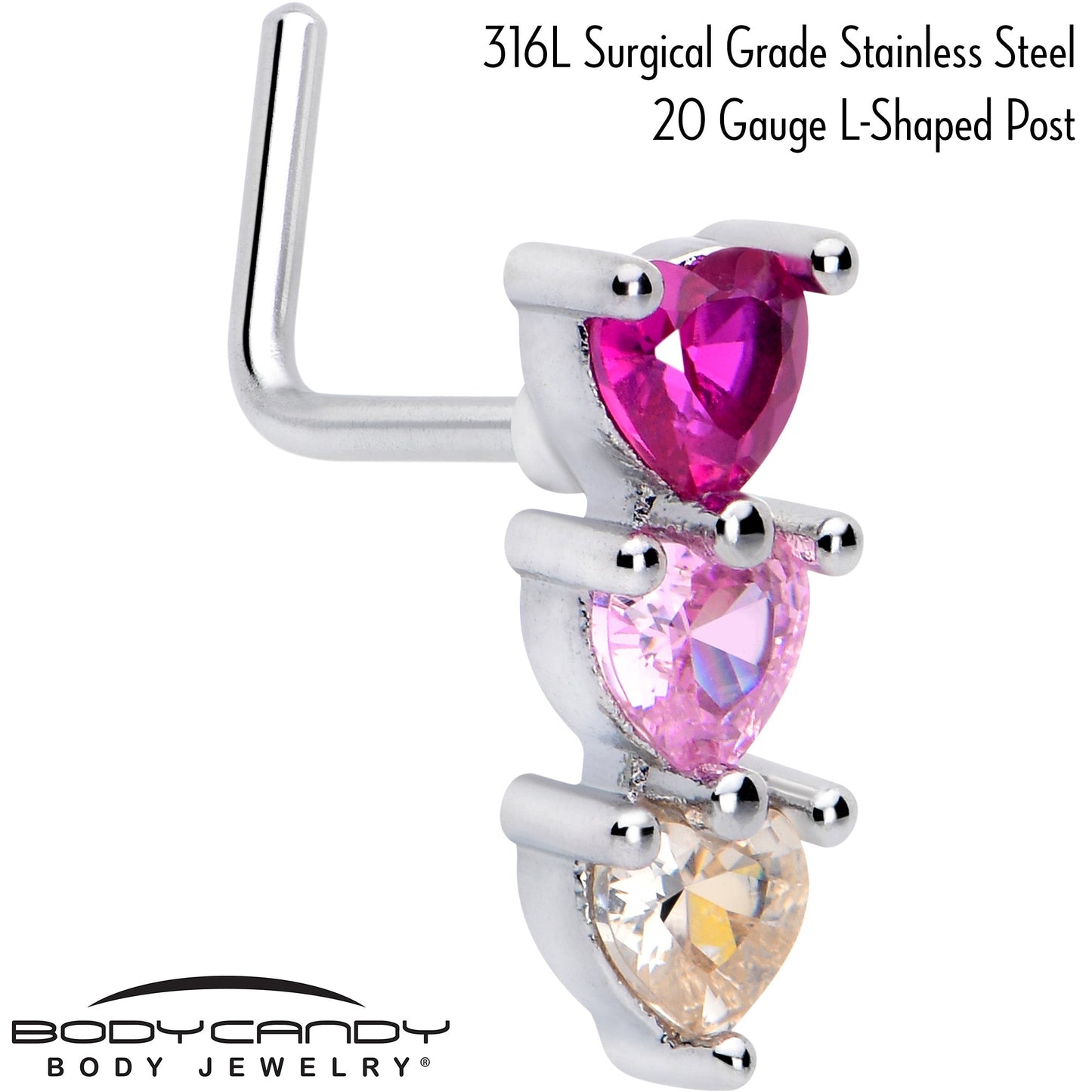 20G 7mm Red Pink CZ Gem Stacked Heart Trio L Shape Nose Ring