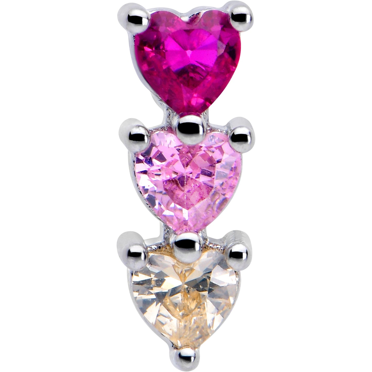 20G 7mm Red Pink CZ Gem Stacked Heart Trio L Shape Nose Ring