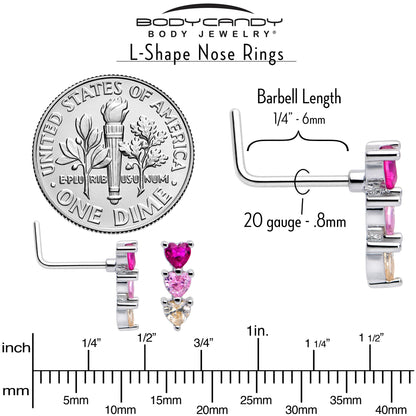 20G 7mm Red Pink CZ Gem Stacked Heart Trio L Shape Nose Ring