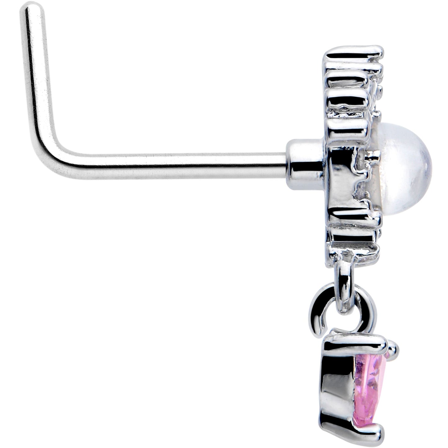 20G 7mm Pink CZ Gem Heart Mystique Dangle L Shape Nose Ring