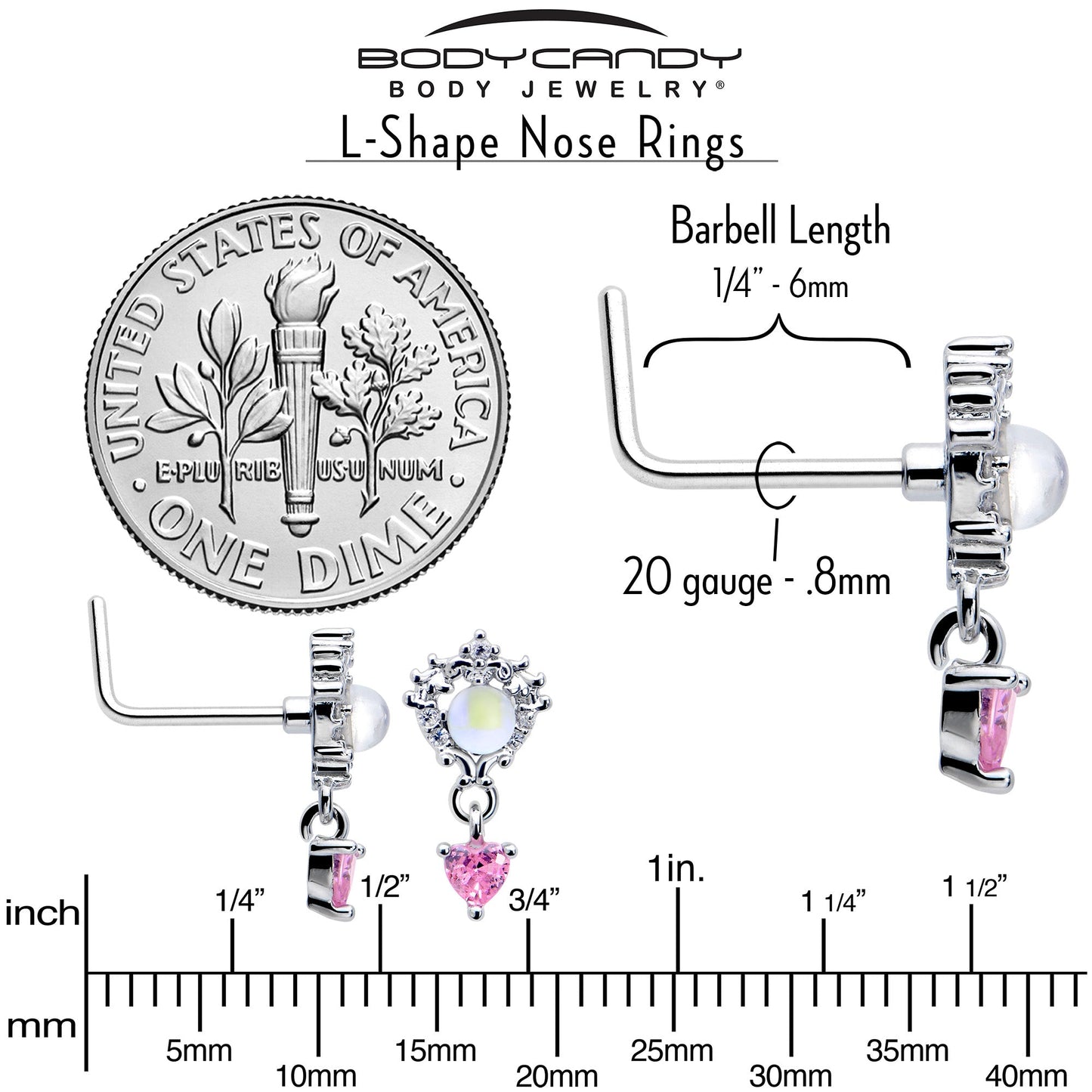20G 7mm Pink CZ Gem Heart Mystique Dangle L Shape Nose Ring