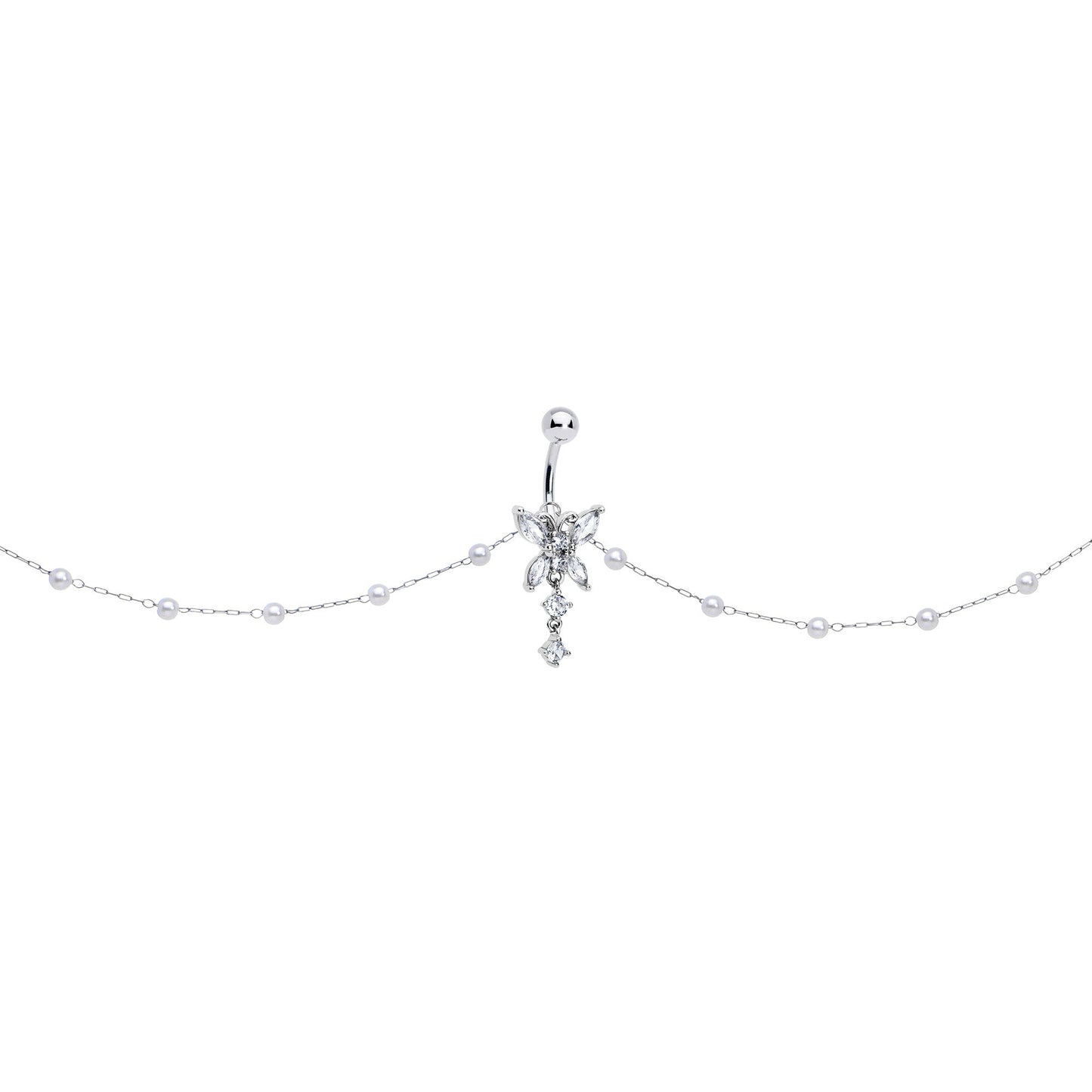 Clear CZ Gem Glam Butterfly Faux Pearl Dangle Belly Ring Belly Chain