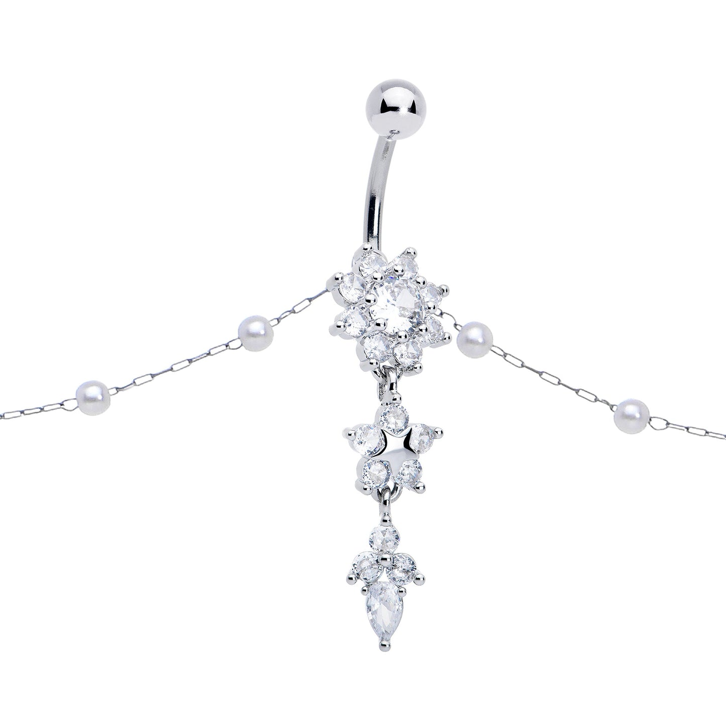 Clear CZ Gem Glamour Flower Faux Pearl Dangle Belly Ring Belly Chain