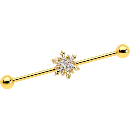 14G Clear CZ Gem Gold Tone Glam Snowflake Industrial Barbell 38mm