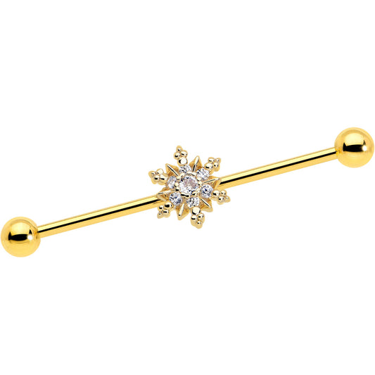 14G Clear CZ Gem Gold Tone Glam Snowflake Industrial Barbell 38mm