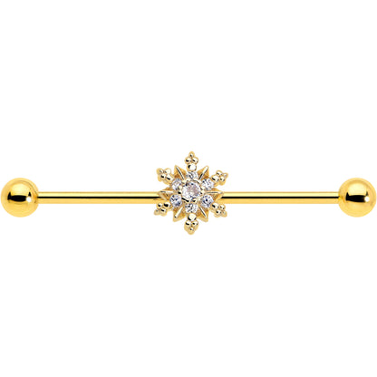 14G Clear CZ Gem Gold Tone Glam Snowflake Industrial Barbell 38mm
