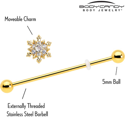 14G Clear CZ Gem Gold Tone Glam Snowflake Industrial Barbell 38mm