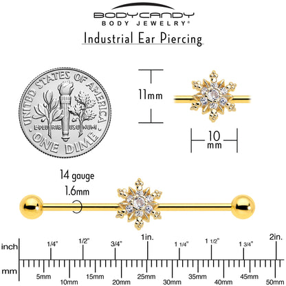 14G Clear CZ Gem Gold Tone Glam Snowflake Industrial Barbell 38mm