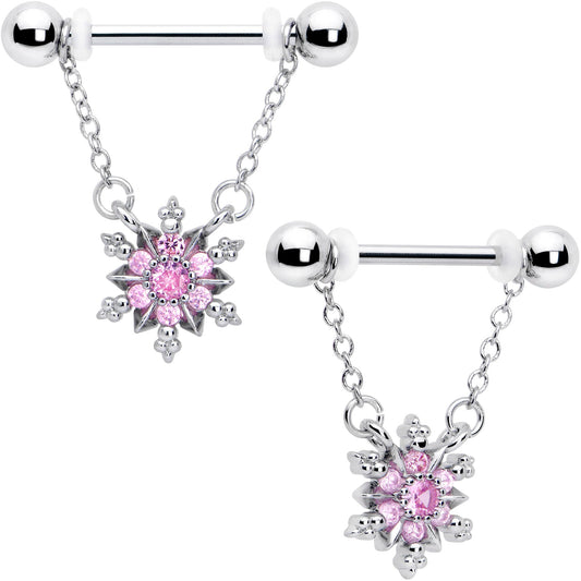 14G 9/16 Pink CZ Gem Glam Snowflake Chain Dangle Nipple Ring Set